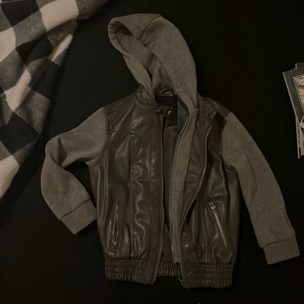 Boys Charcoal Gray Faux Leather moto jacket with hood